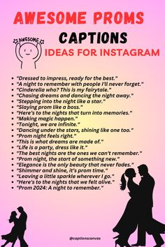 a poster with the words awesome proms and captions for instagramrs on it