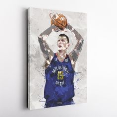 a painting of a basketball player holding a ball above his head