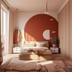 a bedroom with an orange circle painted on the wall next to a bed and dresser