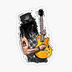 a man with long hair and a top hat playing an electric guitar sticker on a white background