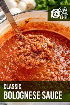 Overhead view of bolognese sauce being scooped up with a ladle. Italian Red Sauce Recipe, Italian Red Sauce, Classic Bolognese, Refreshing Salads, Red Sauce Recipe, Bolognese Sauce Recipe, Sauce Spaghetti