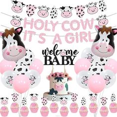 a cow themed welcome baby party with pink and white balloons, cupcakes and cake