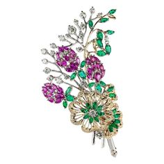 18K Gold Diamond Ruby Emerald Flower Bouquet Brooch, Handmade Gold Diamond Brooch With Gemstone, Luxury Heirloom Gemstone Brooches, Fine Jewelry Green Gemstone Brooches, Luxury Gold-tone Brooch Jewelry, Luxury Ornate Gemstone Brooches, Bouquet Brooch, Cocktail Earrings, Extraordinary Jewelry, Brooch Handmade