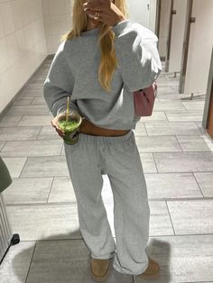 2pcs Women's Crew Neck Solid Color Casual Top And Drawstring Waist Straight Leg Pants Set Light Grey Casual    Colorblock,Plain  Slight Stretch  Women Clothing, size features are:Bust: ,Length: ,Sleeve Length: Sweatpants Outfit Ideas, 00s Mode, Clean Fits, Sweatpants Outfits