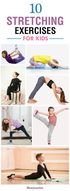 the 10 stretches for kids to do on their stomachs and arms, with text overlay