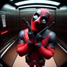 a deadpool character standing in an elevator with his hands on his hips and looking at the camera