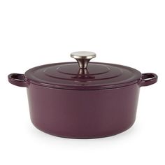 a purple casserole dish with a lid on the top and bottom, sitting in front of a white background