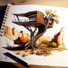 a drawing of a tree house in the desert