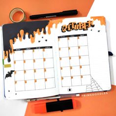 Calender Aesthetic October, October Book Journal, October Spread Bullet Journal, October Journal Spread, October Monthly Spread Bullet Journal, October Bujo Ideas, October Planner Ideas, Bujo October Theme, October Bullet Journal Calendar