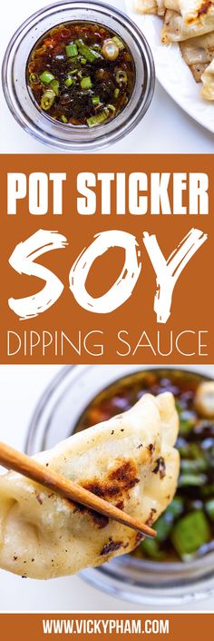 some food is on a plate and the words pot sticker soy dipping sauce are above it