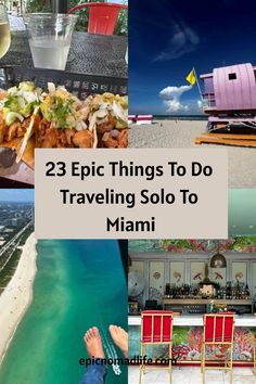 Photo collage from Miami; street food, a pink Miami Beach lifeguard tower, helicopter tour with feet out over Miami Beach, and the elegant hotel bar at the Faena Hotel Cheap Things To Do, Institute Of Contemporary Art