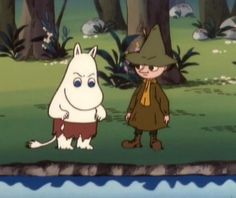 a cartoon character standing next to a white dog in the grass with trees behind him