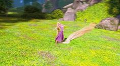 an animated image of a woman in a purple dress walking across a lush green field