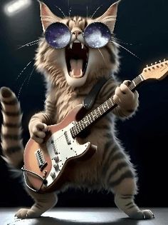 a cat wearing sunglasses and playing an electric guitar with its mouth wide open while standing in front of a spotlight