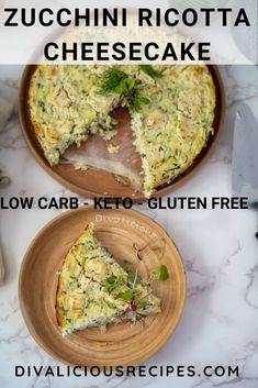 two slices of zucchini ricotta cheesecake on wooden plates with text overlay