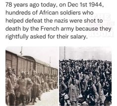 an old black and white photo shows soldiers standing in front of train cars, with the caption'76 years ago today on dec 1st, hundreds of african soldiers who helped