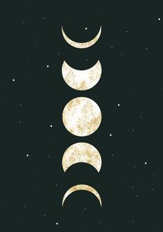 three phases of the moon on a black background with stars in the sky above it