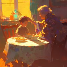 an older man and young boy sitting at a table