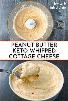 peanut butter keto whipped cottage cheese in a food processor with the recipe title above it