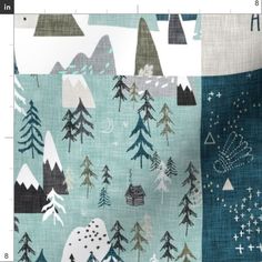 an image of a fabric with trees and mountains on it, as well as text