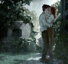 a man and woman kissing in the rain