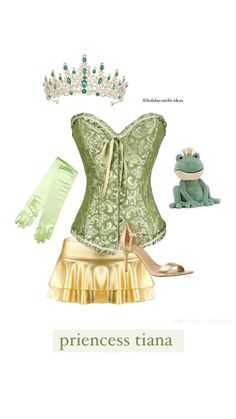 a green corset with gold skirt and high heeled shoes is featured in the magazine princess tiara