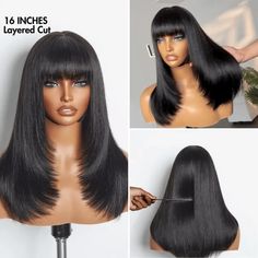 Long Wig With Bangs, Yaki Straight Wig, Wig Cute, Straight Wig With Bangs, Cute Bangs, Layer Cut, Wig With Bangs, Long Wigs, Straight Wig