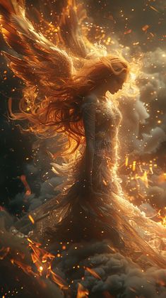 a woman with long hair is surrounded by fire