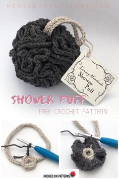 crochet pattern for a flower pot holder with two pictures and text that says, shower puff free crochet pattern