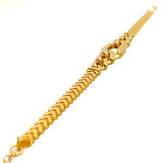 This 22k gold bracelet, weighing 9.2 grams, features a golden and elegant design that exudes sophistication and timeless beauty. The yellow gold finish enhances its luxurious and radiant appearance. Measuring 8.25 inches in length with an additional 1 inch of adjustable links, this bracelet is secured with a lobster lock for added safety and convenience. Ideal for those who appreciate refined beauty and exquisite craftsmanship, this stunning bracelet is a standout addition to any jewelry collection. PRODUCT DETAILS Gold Purity(karat): 22k Gold Weight(grams): 9.2 Item Finish: Yellow Gold Bracelet Length: 8.25" Adjustable Links: 1" Lock Style: Lobster Lock 22k Gold Bracelet, Bridal Jewelry Necklace, Precious Stones Rings, Diamond Pendant Sets, Modern Bracelets, Fancy Necklace, Fancy Rings, Mens Gold Rings, Lock Style