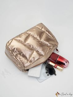 BirdinBag - Quilted Metallic Square Bag - Sleek and Stylish Accessory Gold Quilted Travel Bag, Versatile Quilted Pouch Bag, Portable Pouch Cosmetic Bag, Gold Pouch Bag For On-the-go, Gold Travel Shoulder Bag, Gold Shoulder Bag For Travel, Gold Pouch Box Bag For Travel, Portable Gold Shoulder Bag For Travel, Gold Quilted Rectangular Shoulder Bag