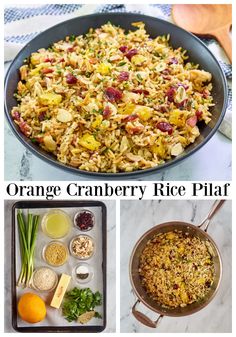 orange cranberry rice pilaf in a skillet and ingredients to make it