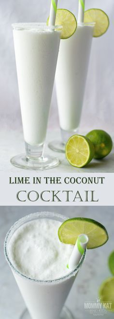 lime in the coconut cocktail recipe is shown with two glasses and three limes on the side