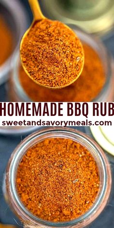 homemade bbq rubs in small glass jars with text overlay that says homemade bbq rubs