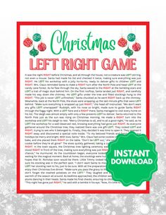 the christmas left right game is shown in red and green with snowflakes on it