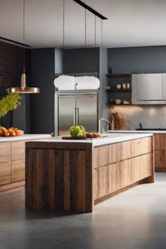 Modern kitchen with wooden cabinets, a large island, stainless steel appliances, and hanging pendant lights. Kitchen Ideas Vintage Modern, Retro Kitchen Ideas Vintage, Retro Kitchen Ideas, Kitchen Ideas Vintage