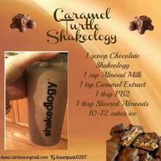 a flyer for caramel turtle shakellos with chocolate and almonds on it