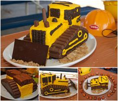 there is a cake made to look like a bulldozer on the table and in front of it