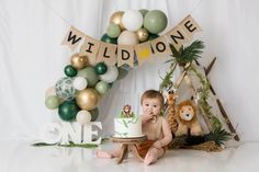 a baby is sitting in front of a cake and some balloons with the words wild one on it