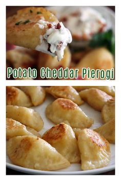 potato cheddar pierogi on a white plate with the title above it