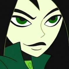 an animated image of a woman with green eyes and black hair, looking at the camera