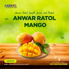 an advertisement for mango fruit on a wooden table