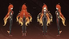 three different views of an anime character with long hair and red hair, standing in front of the stars