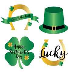 four st patrick's day emblems with hats and clovers on white background