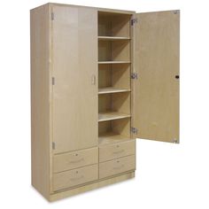 an open wooden cabinet with drawers and shelves