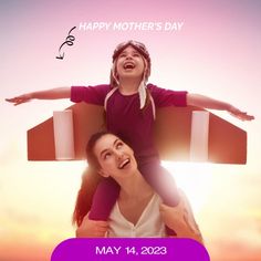 a mother's day card with an image of a woman carrying her child on her shoulders