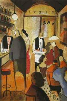 a painting of people sitting at a bar with bottles on the shelves and one man standing in front of him