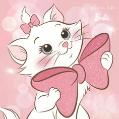 a white cat with a pink bow on its head holding a heart shaped object in it's paws