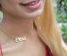 "Name plate necklace, made out of 18k gold over brass, beautiful gift that will make her proud to wear. Trendy and stylish fresh out of my shop, made by very talented and experienced jewelers, in business for over 27 years and counting. A necklace is not heavy and very comfortable on the neck or as a collarbone choker.   ♥Quick tip: If you are size in clothes XS,S, go for 14'' -15'' chain. If you are (S-M), M ,L go with 16''-18\".♥ Very popular style in today's fashion industry. Perfect gift for Adjustable Chain Nameplate Necklace, Adjustable Chain Nameplate Necklace For Birthday, Adjustable Nameplate Necklace For Birthday, Trendy Gold Custom Name Necklace, Trendy Custom Name Gold Necklace, Gold Name Necklace With Adjustable Chain For Birthday, Trendy Adjustable Gold Name Necklace, Engraved Choker Necklace For Gifting, Engraved Choker Necklace For Gift