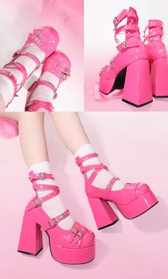 Festival punk barbie shoes. Fixed straps top, triple adjustable ankle straps, stud and chain hardware.  This price is for a pair of shoes only.   	 		 			Size 			34 			35 			36 			37 			38 			39 			40 		 		 			Foot Length 			21.6-22 			22.1-22.5 			22.6-23 			23.1-23.5 			23.6-24 			24.1-24.5 			24.6-25 		 		 			Width 			8.5 			8.5 			8.5-9 			9-9.5 			9.5 			9.5-10 			10-10.5 		 		 			Heel Height 			4-11 			4-11 			4-11 			4-11 			4-11 			4-11 			4-11 Pink Harajuku Heels For Party, Pink Harajuku Style Party Heels, Harajuku Style Pink Party Heels, Harajuku Ankle Strap Heels For Party, Punk Barbie, Heel Platforms, Goth Shoes, Punk Shoes, Barbie Shoes